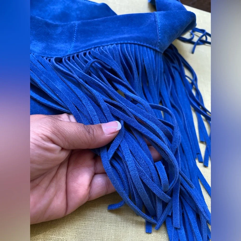 Claudia Firenze Blue Emma Fringed Italian Suede Leather Shoulder Boho Western - Picture 9 of 12